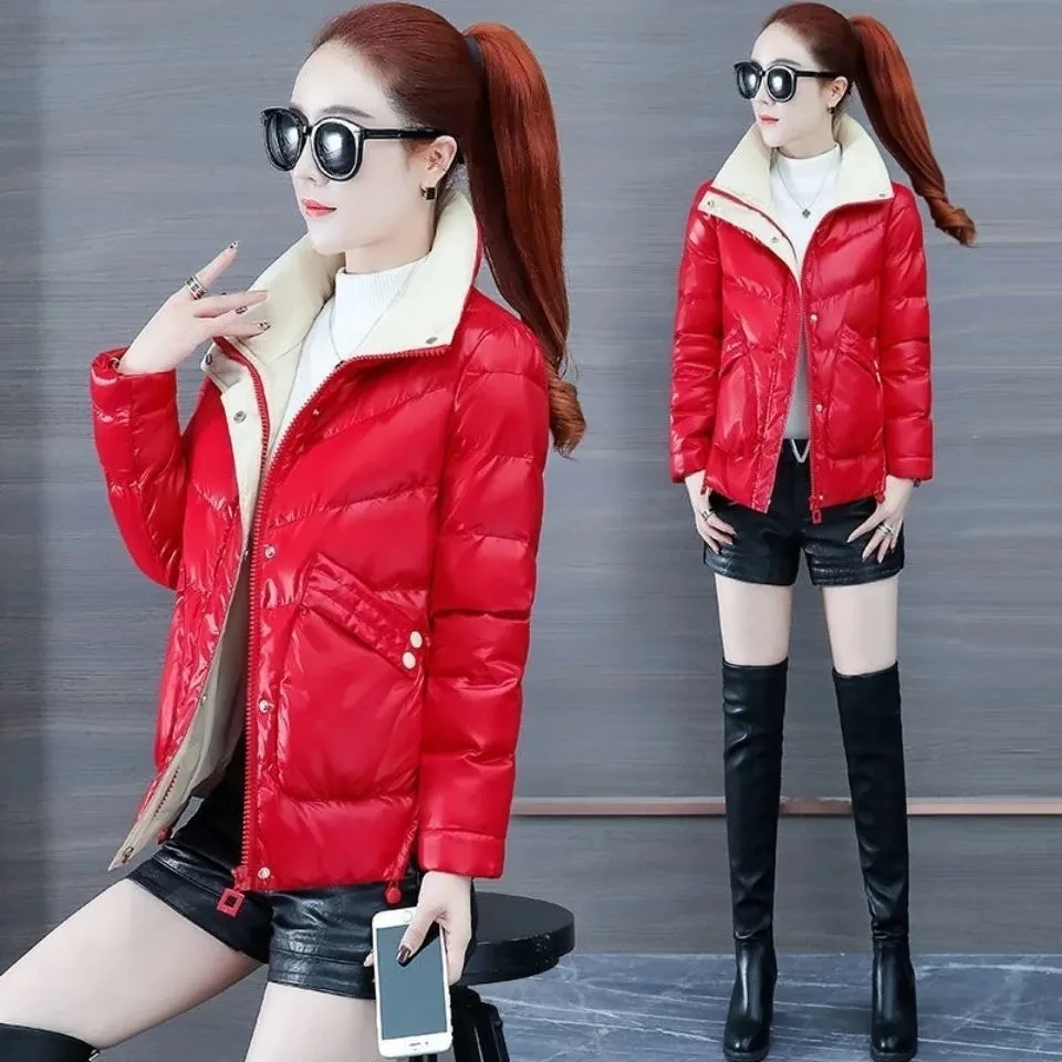 Winter Jacket Women Short Stand Collar Shiny Down Cotton Jacket Female 2022 Winter New Temperament Fashion Slim Parkas Coat