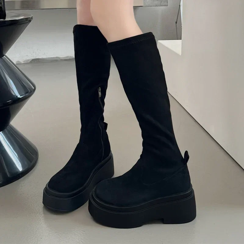 Женские замшевые высокие сапоги на платформе Сапоги выше колена высоком каблуке