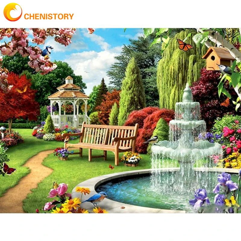 

CHENISTORY Painting By Numbers DIY House Landscape Fountain Kits For Adults On Canvas Living Room Bedroom Decor Pictures Gift