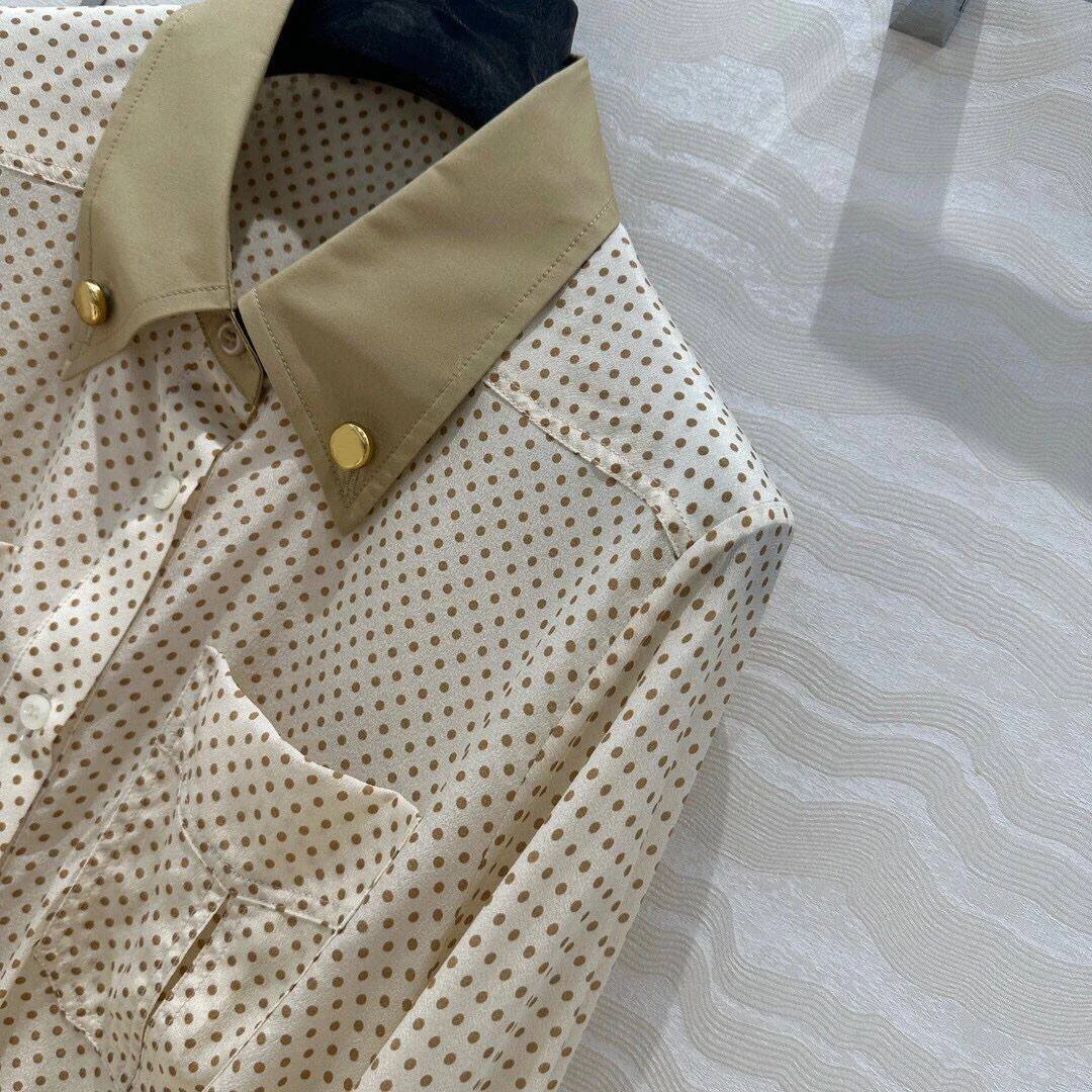 Женская шелковая рубашка в горошек милая блузка составного кроя с отложным