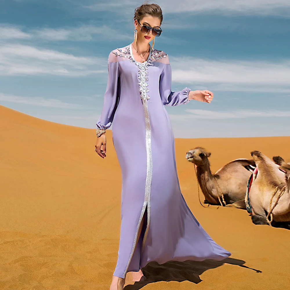 Атласная абайя, яркое арабское мусульманское платье макси для женщин, элегантное этническое платье Jalabiya, мусульманский марокканский кафта...
