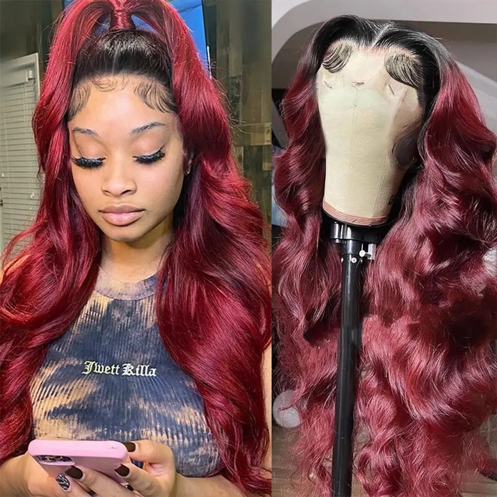 

Body Wave 5x5 HD Lace Closure Wear and Go Glueless Human Hair Wigs Bling Hair Burgundy Omber 1B/99J Transparent Lace Front Wigs