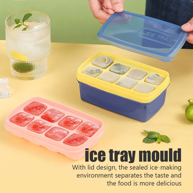 

Food Grade 8 Lattice Ice Cube Trays Reusable Silicone Ice cube Mold BPA Free Ice maker with Removable Lids