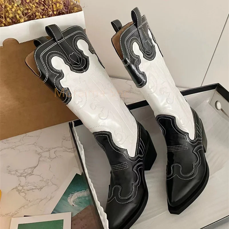Chunky Heel Knight Boots Embroidery Stitching Leather Boots Women Knee High Boots Western Cowboy Boots All-Match Ladies Shoes