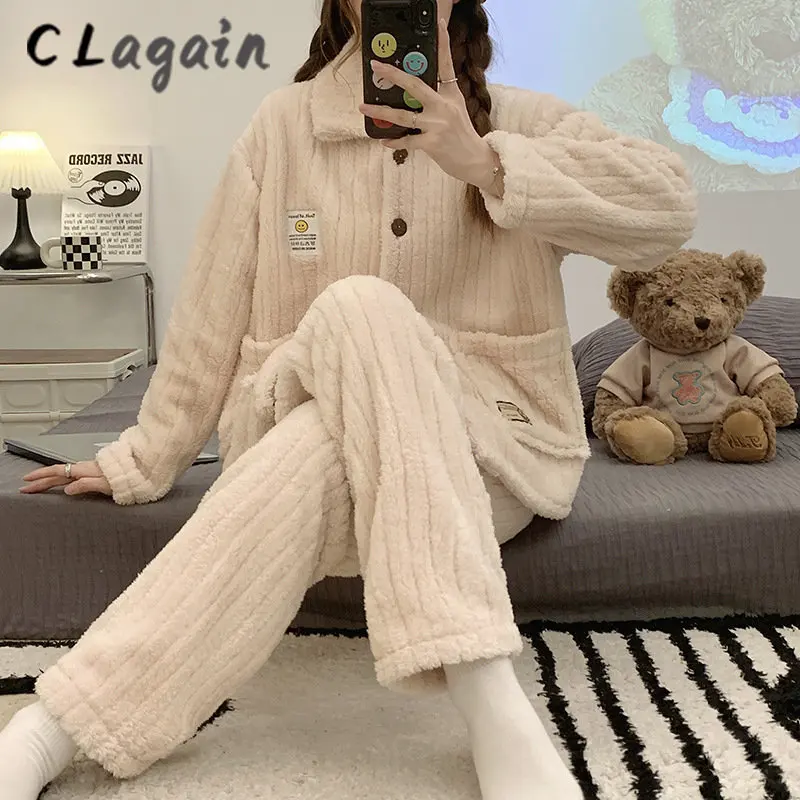 Autumn Winter Warm Flannel Pajamas for Women Students Cute Plus Velvet Thicken Loose Sleepwear Set  Coral Velvet Home Clothes