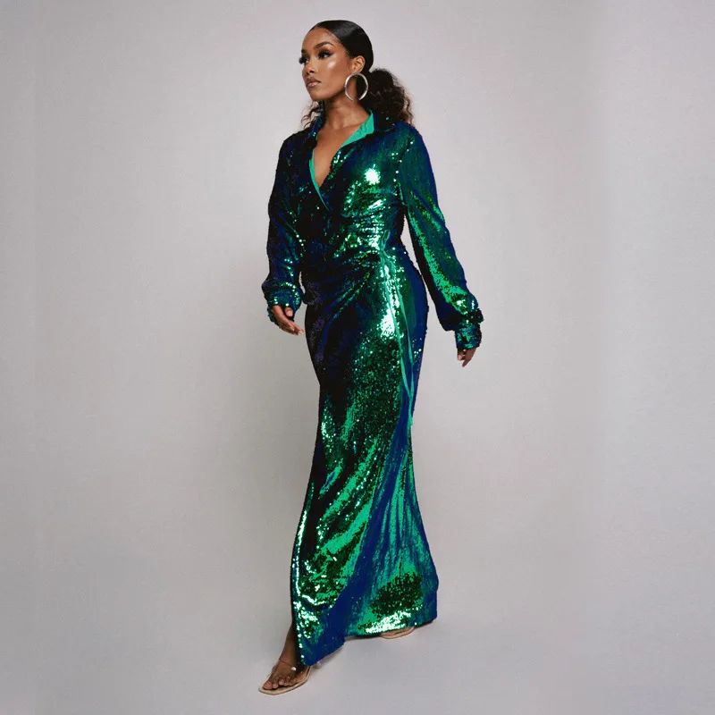 Women Fashion Sequined Party Gown Sexy Deep V-neck Long Sleeve Prom Dress Elegant Slim High Split  Evening Dresses