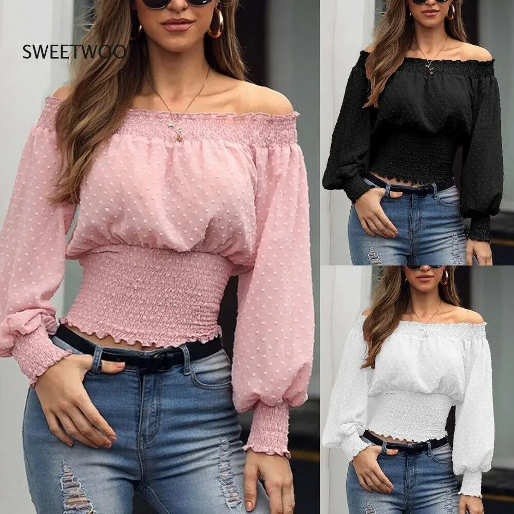 

Sexy Off Shoulder Long Sleeve T-shirt Tops Spring Autumn Women Ladies Loose Frill T Shirts 2022 Female Elegant Casual Slim Tees