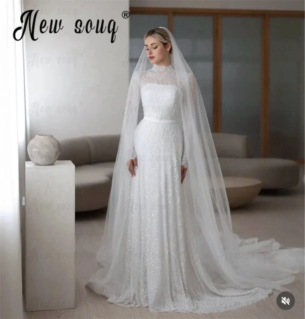 Белое мусульманское свадебное платье с длинным рукавом элегантные свадебные