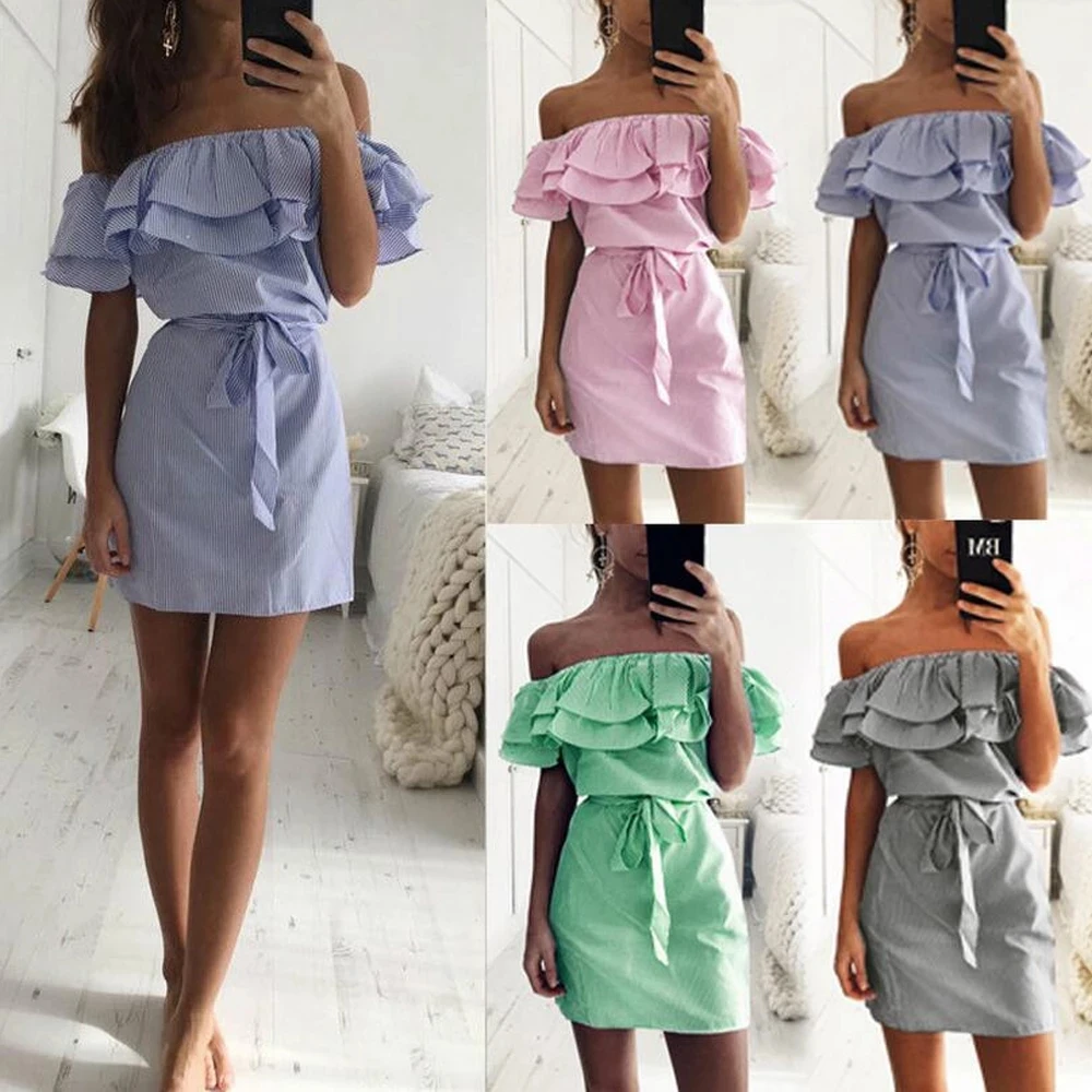 

2021 Summer Sexy Off Shoulder Strapless Striped Ruffles Dress Women Sundresses Beach Casual Shirt Mini Party Dresses Robe Short