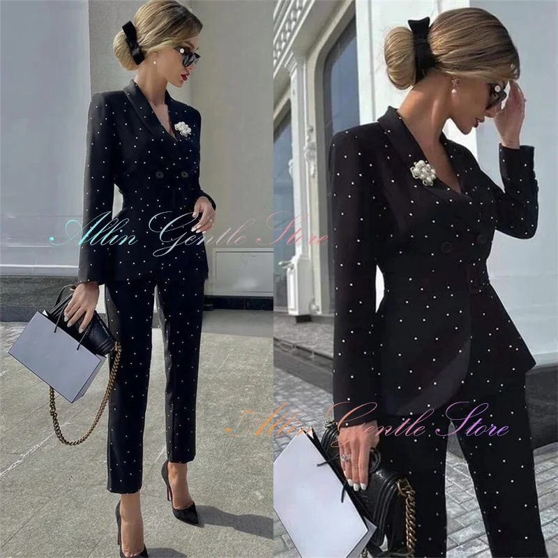 

Black Slim Fitted Women Fall Outfits 2 Pieces White Spots Jacket With Ankle Length Pencil Pants Custom Made (Coat+Trousers)