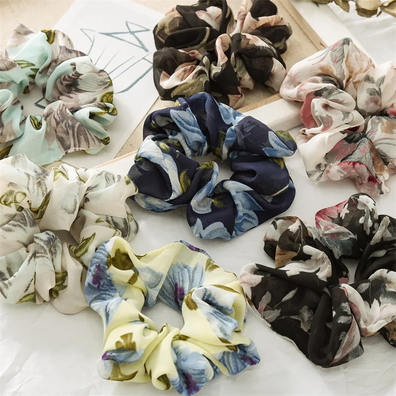 

Summer Chiffon Floral Fabric Large Intestine Hair Ring Headdress Ponytail Hair String Women's All-Matching Beam Scrunchies