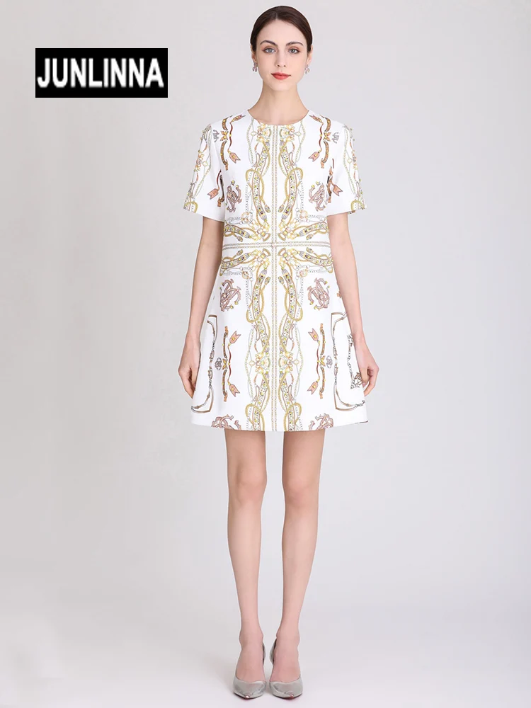 JUNLINNA  Fashion Geometric Printed Dress Women Summer Crew Neck Short Sleeve Rhinestone Beading Mini Vestidos