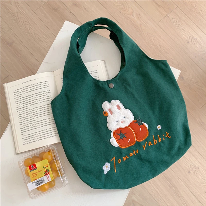 Green Shoulder Bag for Women Bunny Embroidery Large Capacity Canvas Tote Handbags Korean Fashion Cute Shopping Bags Female MO507
