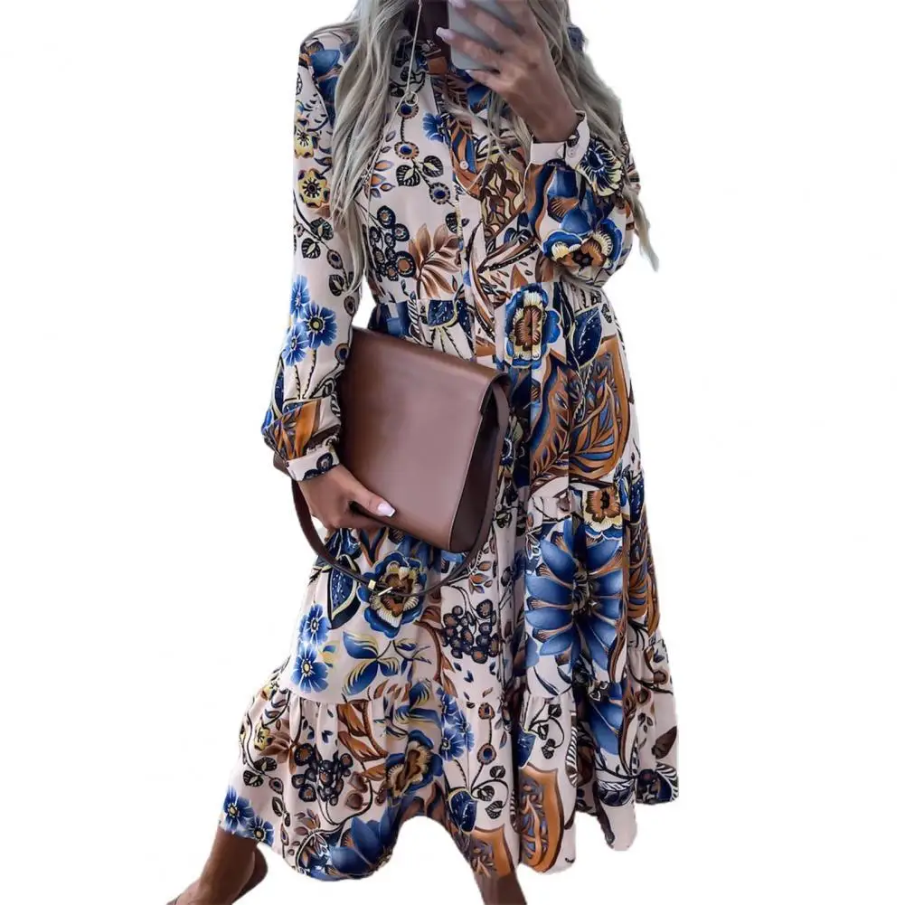 

Women Dress Turn-down Collar Colorful Flower Print Long Sleeve Bohemia Style Maxi Dress Female Clothes dresses for women 2022