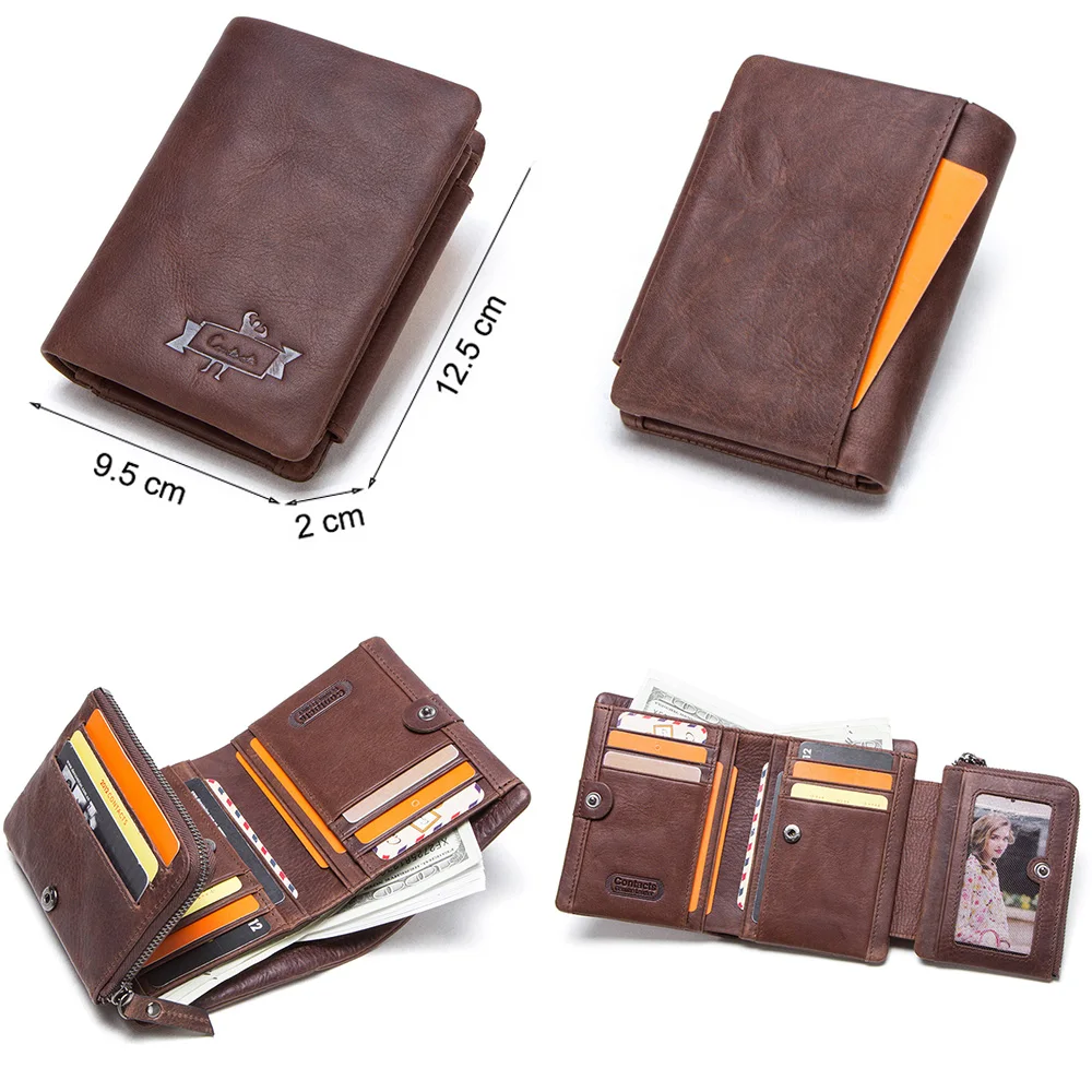 Genuine Crazy Horse Leather Men Wallets Vintage Trifold Wallet Zip Coin Pocket Purse Wallet for Mens Carteira Masculina Purse