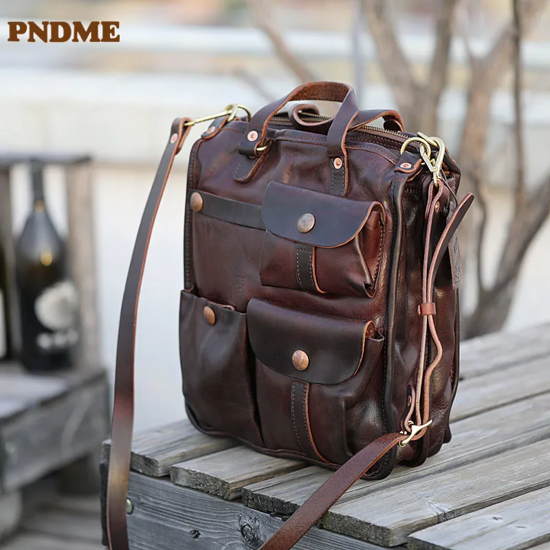 PNDME retro luxury genuine leather men multi-pocket handbag outdoor travel designer high quality real cowhide work shoulder bag