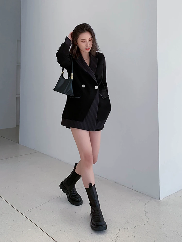 [EAM] Женский блейзер в черную полоску большой размер новинка с отворотом длинный