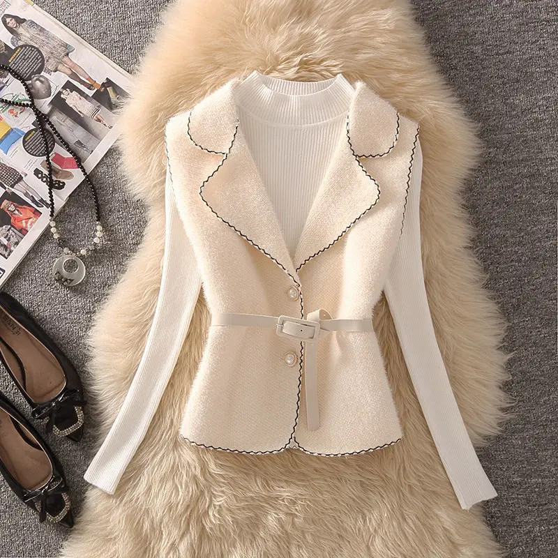 

Korean Suit Mid-Length V-neck Vest Jacket Women Elegant Belt Woolen Waistcoat +knitting Warm Sweater Half High Collar Set R71
