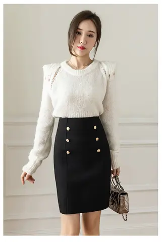 2022 Fashion Korean Style Skirts for Woman Button Vintage Solid Work Wear Pencil Skirt Lady Office Business Black Skirt
