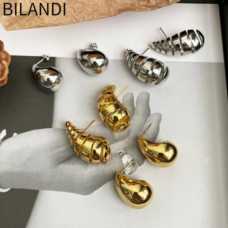 

Bilandi Fashion Jewelry 925 Silver Needle Metallic Gold Color Big Teardrop Earrings For Women Girl Party Gift Dropshipping