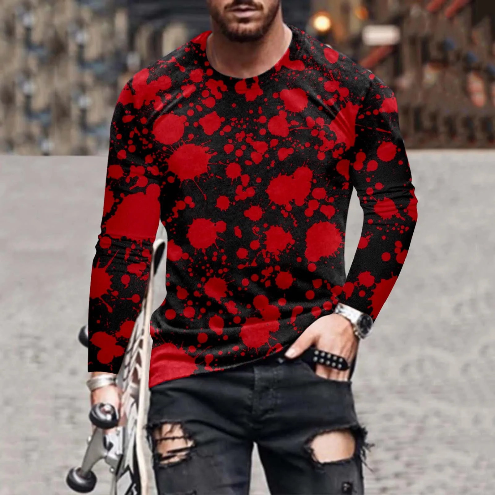 

Men Set Male Halloween Blood Printed T Shirt Blouse Long Sleeve Round Neck Tops T Shirt