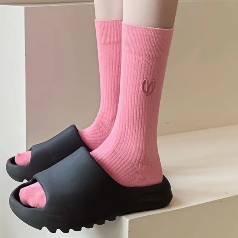 5 Pairs Korean Style Women Socks Fashion Cotton Socks Winter Embroidered Candy Color Cycling Long Socks Woman Femme Chaussettes