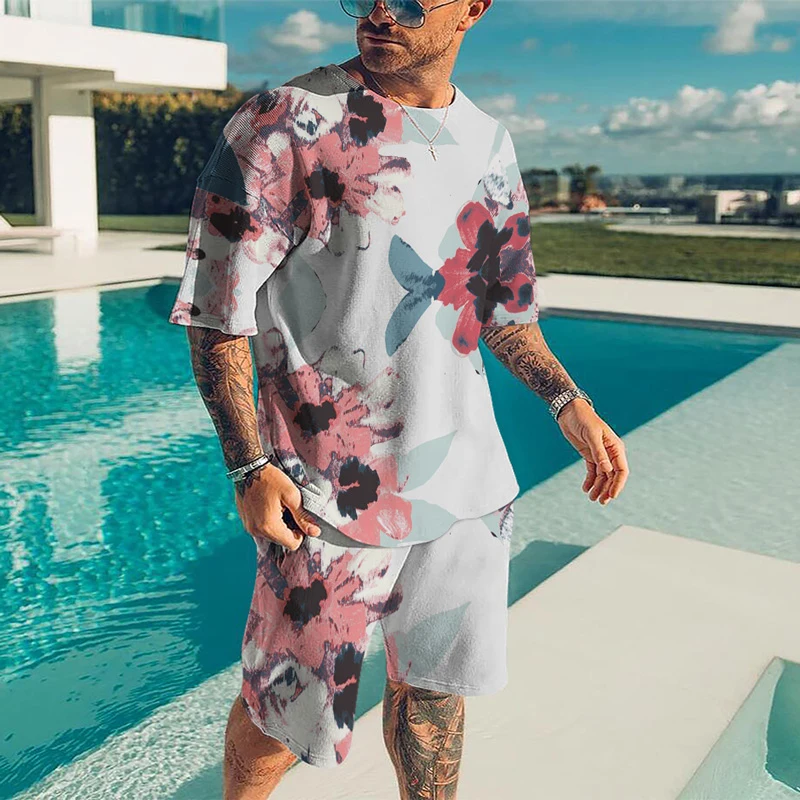 

Summer Men's Suit Activewear Oversized T-Shirt + Shorts Set Retro Color 3D Printed Fashion Streetwear Men's Hip Hop Clothing