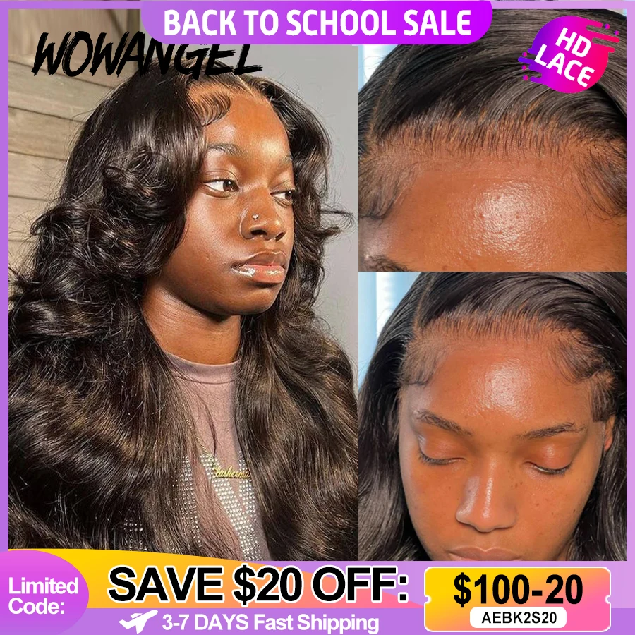 Wow Angel 250% 13x6 HD Lace Front Wig Swiss Lace Melt Skin Pre Plucked Natural Scalp Body Wave Human Hair Wig For Woman Glueless