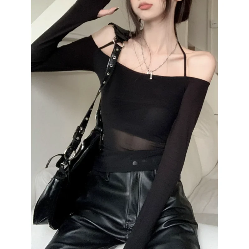 

Long-sleeved Tee Crop Retro Women Style Mesh For T-shirt Tops Patchwork Spring Elastic 2023 Korean Shirt
