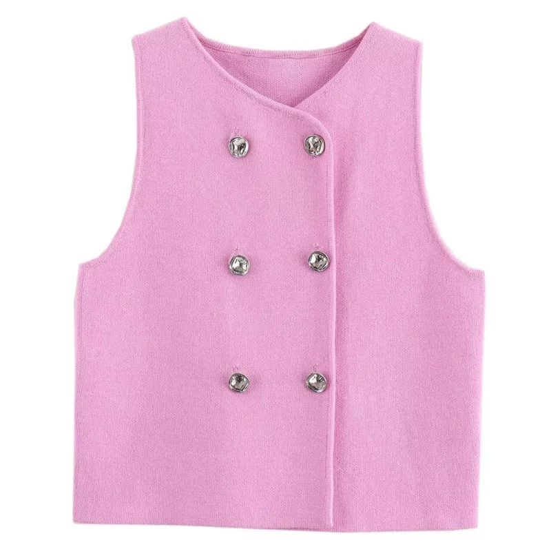 Женский короткий трикотажный свитер HXAO розового цвета вязаный жилет с круглым