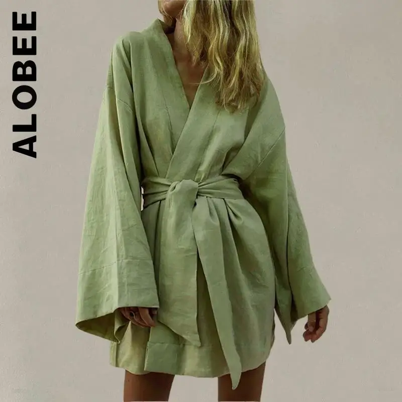 

Alobee Dress New Women V-Neck Lace Up Loose Cardigan Mini Dress Holiday Popular Dresses Vintage Basic Female Clothing Vestidos