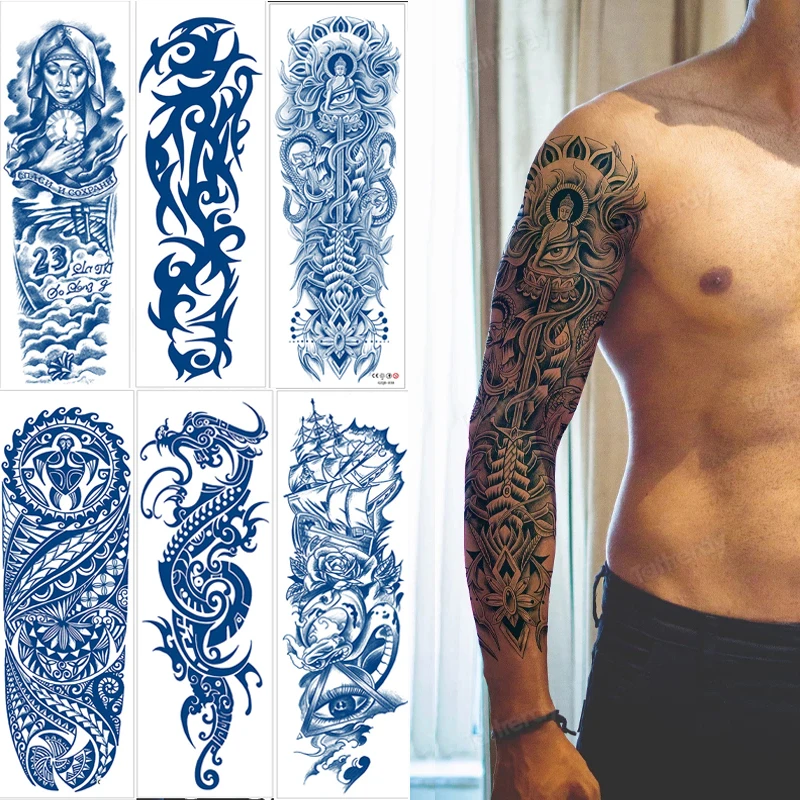 Tatuaje mecánico grande de manga completa para hombre y mujer, tatuaje temporal de dragón resistente al agua, tatuaje falso geométrico duradero