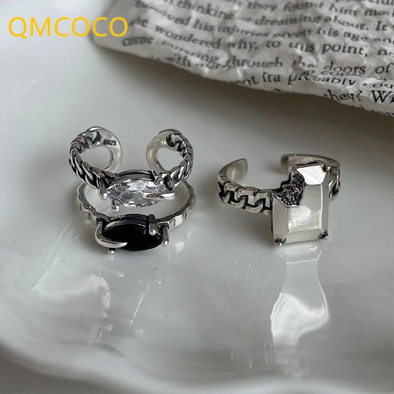 

QMCOCO Silver Color Double-Deck Wide Rings Trendy Elegant Vintage Simple Irregular Geometric Zircon Party Jewelry Gift For Women