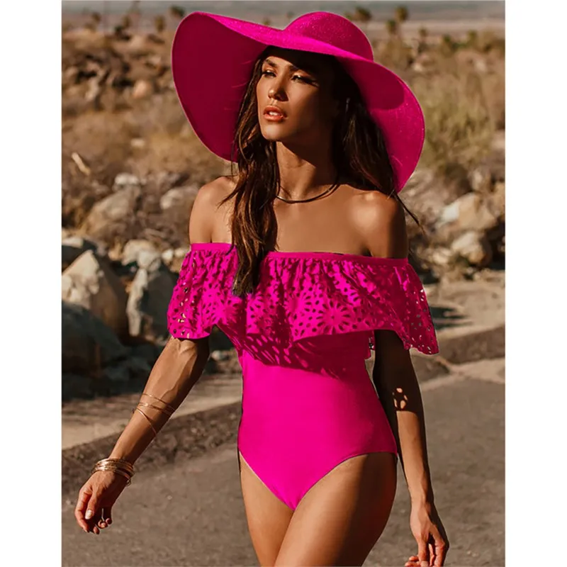 

One Piece Swimsuit 2023 New Beachwear Swim Wear Solid Mesh Hollowed Out Ruffle Bra For Women Swimwear Shoulder Length Spandex