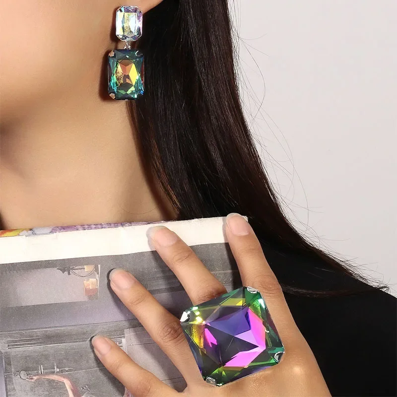 Блестящие прямоугольные серьги-капли со стразами AB для женщин преувеличенные