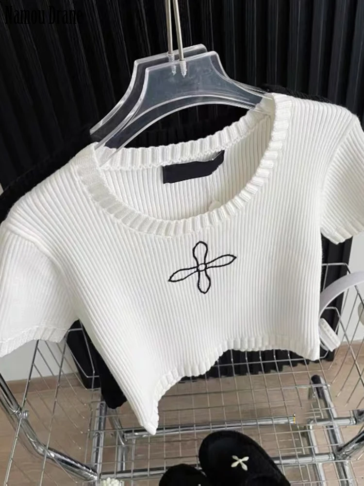 

Трикотажная футболка Namou Drane, Новинка лета 2023, винтажный эластичный спортивный модный топ с коротким рукавом и резьбовым воротником