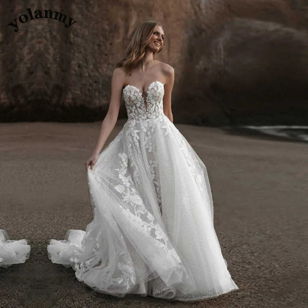 

YOLANMY Aline Strapless Zipper Polka Dot Appliques Illusion Wedding Dresses For Mariages Fairytale Sleeveless Made To Order