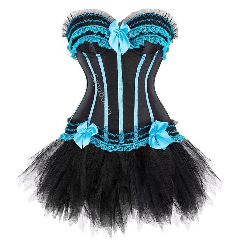 

Blue Corset Dress Bustier Skirt Tutu Set Stripe Lace Up Gothic Victorian Lolita Vintage Sexy Exotic Burlesque Korsett Plus Size