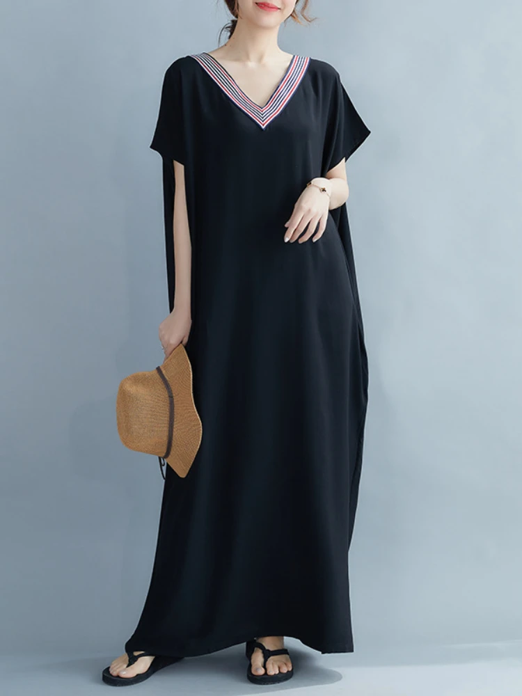 

Elegant Dresses for Women Loose V-neck Solid Color Stitching Long Skirt Beach Wind Oversize Robe Summer Dresses Woman 2022