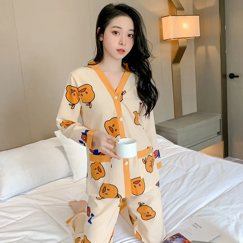 CAIYIER Big Size M-4XL Autumn Winter Love Print Nightwear Women V-Neck Long Sleeved Pyjamas Set Leisure Ladies Home Clothing
