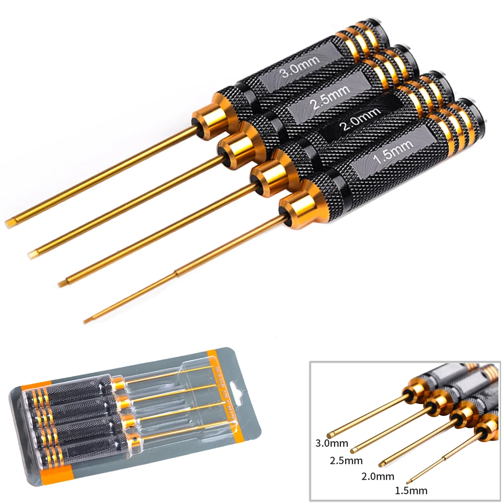 

RC Werkzeuge 4 Stücke Hex Schraube Fahrer Set Titanium Beschichtung Gehärtet 1.5 2.0 2.5 3.0mm Schraubendreher Für Rc hubschraub