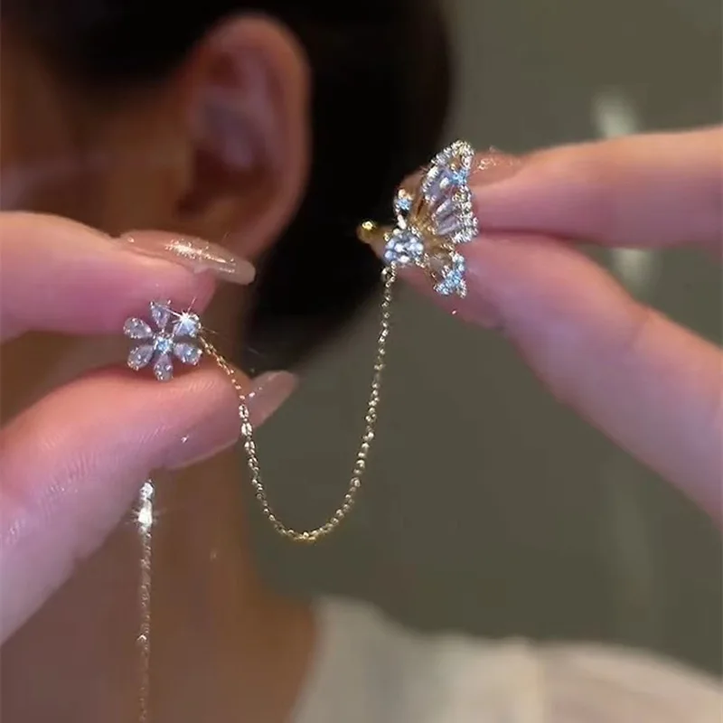 

Новое поступление, блестящие Клипсы-бабочки для ушей с кристаллами для женщин, модные серьги-гвоздики с кисточками, цепочкой и цветком, свадебные украшения