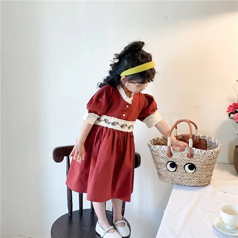 

kids dress 2022 summer new palace style high-end cotton girl baby short-sleeved skirt flower belt puff sleeve princess dress