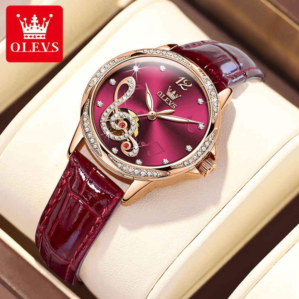 OLEVS 6656 Elegant Musical Note Diamond Automatic Mechanical Watches for Women  Luxury Leather Strap Waterproof Woman Wristwatch