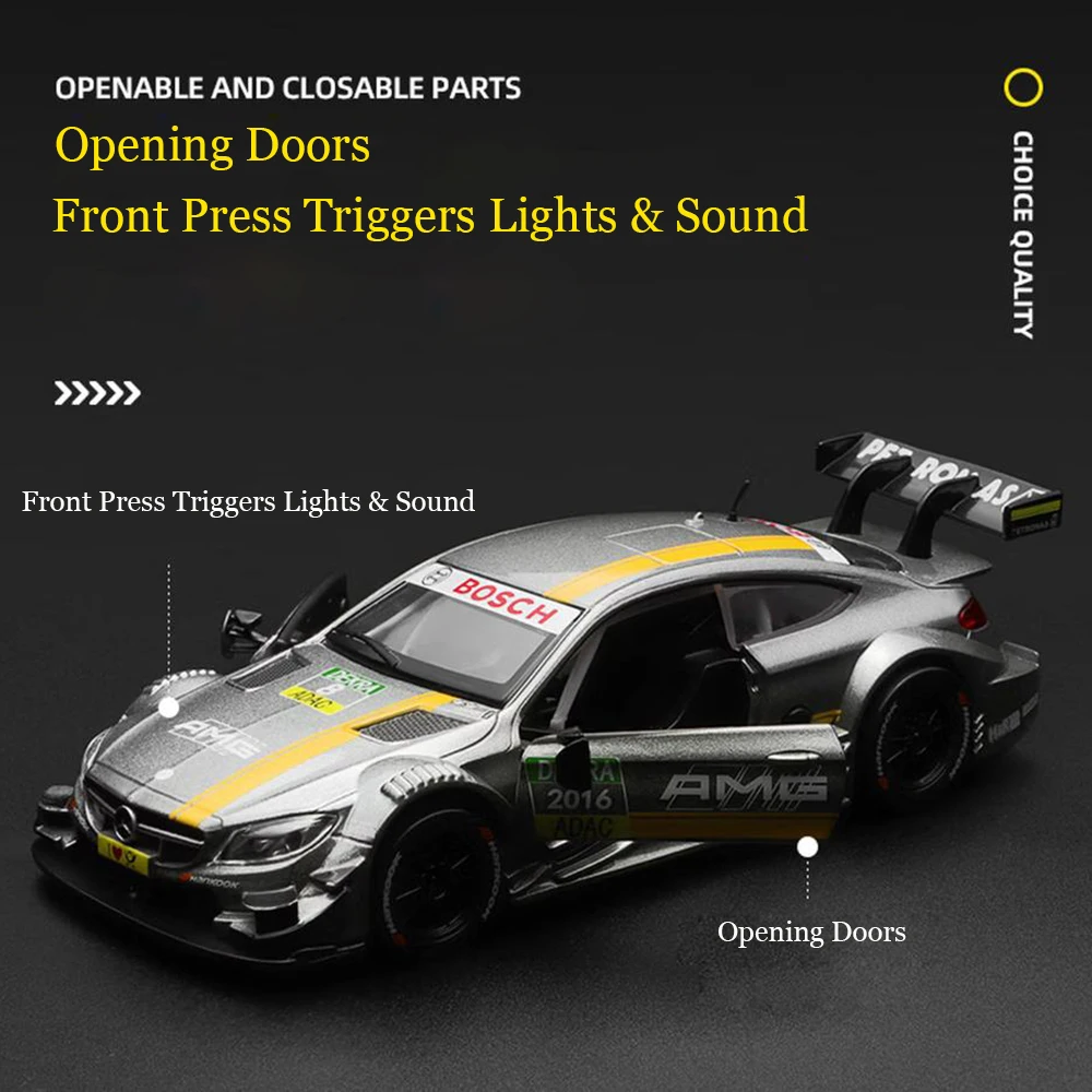 Фото Модель автомобиля CCA 1:32 из литого металла: Mercedes-AMG C63 DTM, BMW M4 GT3, Audi RS5 DTM. Игрушечный автомобиль с функцией обратного хода, металлический корпус, с подставкой для демонстрации, коллекционная модель. №4