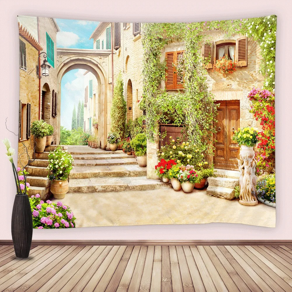 

Architecture Street Flowers Medieval Town Plant Vintage Artistic Backstreet Brick Wall Hanging Tapestry Bedroom Dorm Home Decor