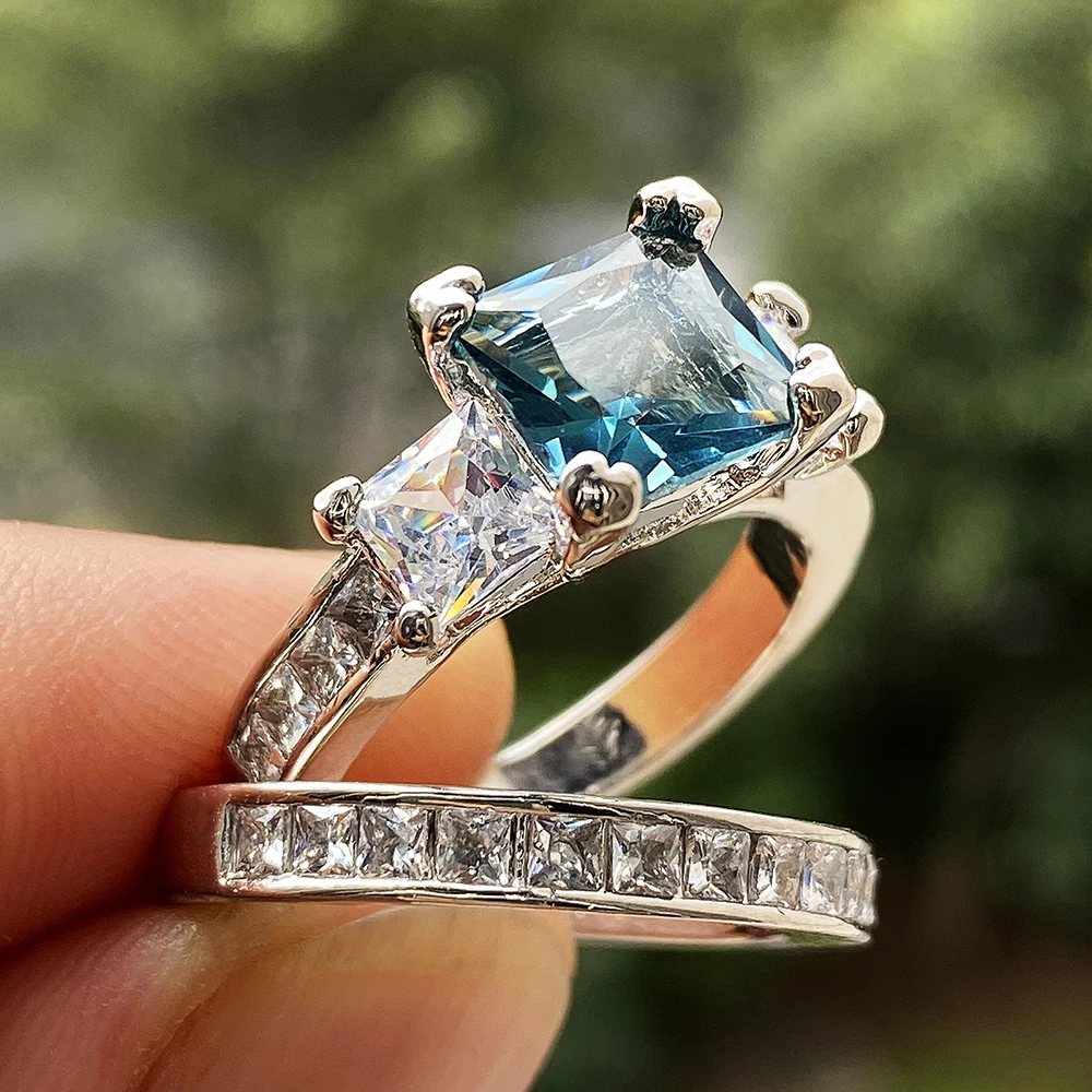 

Huitan Luxury Tricolor Princess Cut CZ Women Engagement Rings 2Pcs/Set Lover Gift Elegant Female Wedding Party Trendy Jewelry