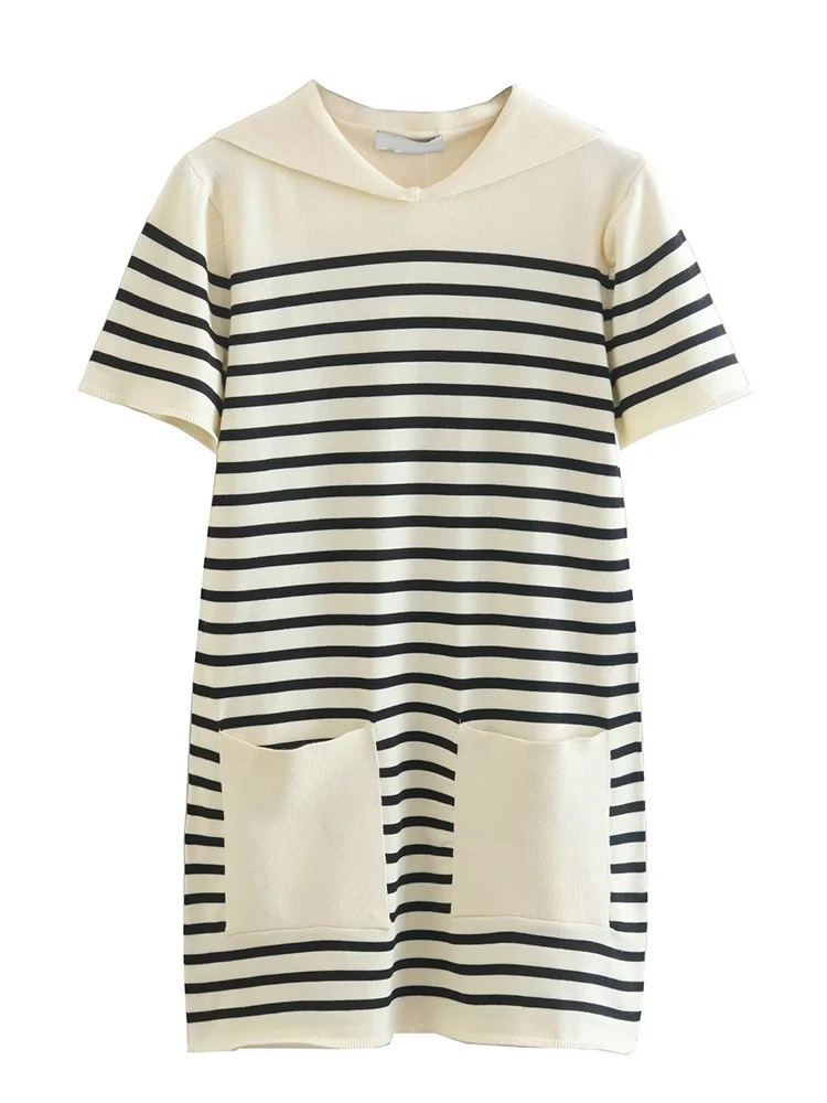 

YENKYE New Fashion Women Vintage Double Pockets Striped Knit Dress Short Sleeve Female Autumn Dress Mini Vestido