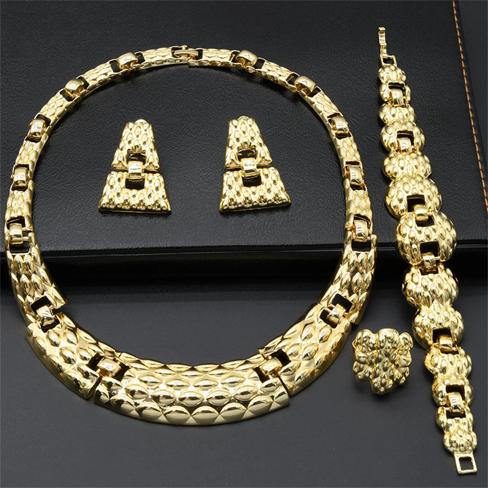 

Snake Scale Pattern Necklace For Women Dubai 18K Gold Color Earrings Luxury Jewelry Ring Bracelet Wedding Banquet Jewelry Set
