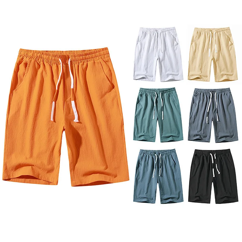 2022 Men's Summer New European Size Casual Shorts Youth Elastic Waist Lace up Slim Fit Sports Beach Shorts